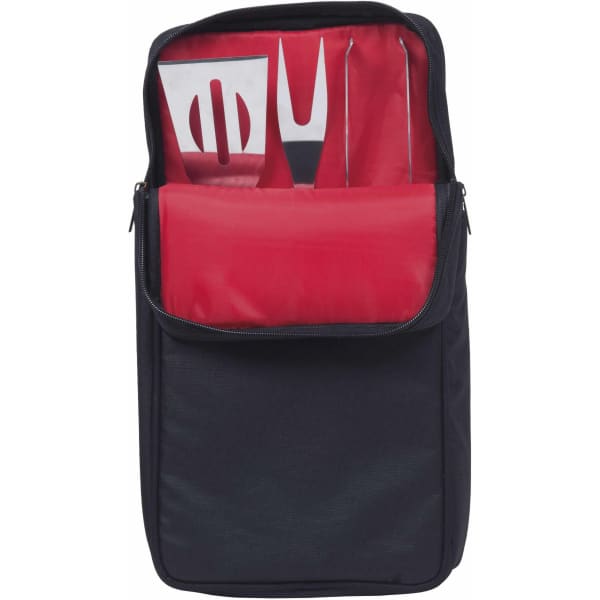 A black BBQ grill tool set bag featuring red interior, containing a spatula, fork, and skewers.