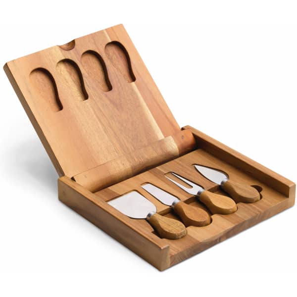 A wooden clamshell cheese board with four cheese knives, featuring a natural wood finish.