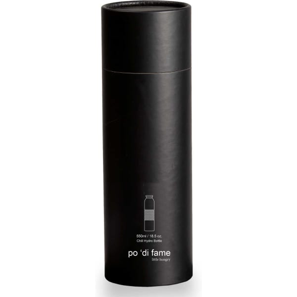 A drink bottle in sleek black with a cylindrical design, featuring a logo and branding on the front.