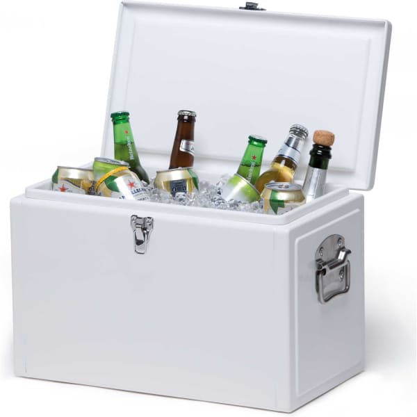 A white cooler box with an open lid, filled with various drinks and ice. It features a metal latch and has a logo.