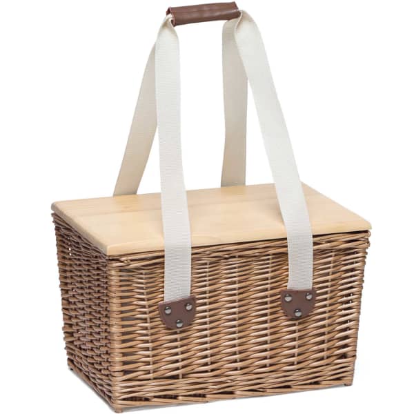 A woven picnic basket with a bamboo lid and cream-coloured straps, featuring a logo.