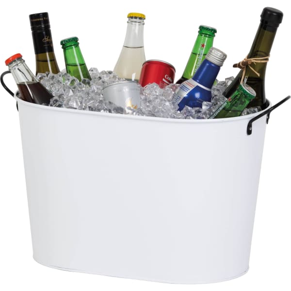 A white ice bucket filled with ice and assorted bottles, including soft drinks and wines, with a logo present.