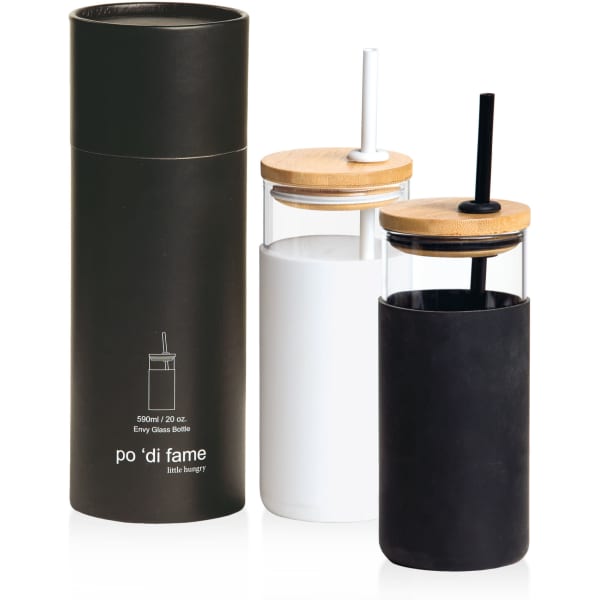 A drink bottle set featuring three glass bottles in black, white, and transparent, with wooden lids and straws.
