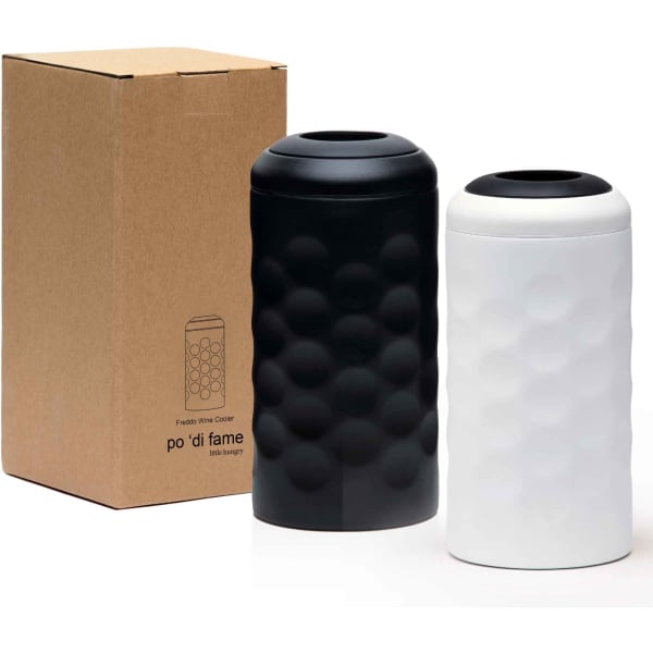 A drink bottle in black and white, featuring a textured design, alongside a cardboard box with a logo.
