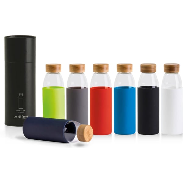 A drink bottle set featuring transparent glass bottles with colourful sleeves in black, red, blue, green, and white, and a black container.
