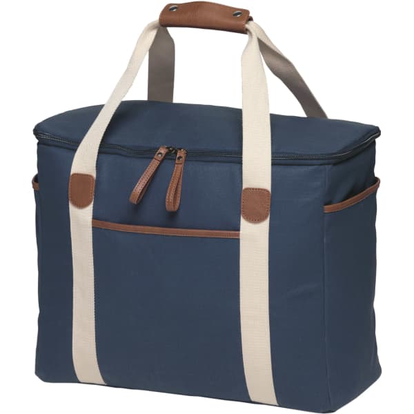 A navy cooler bag with cream straps and a brown handle, featuring a zippered top and front pocket.