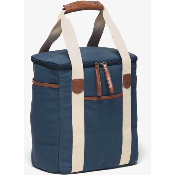 A drink cooler in navy blue with cream straps and brown leather accents, featuring a zippered pocket.