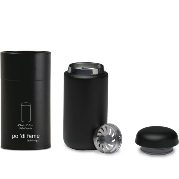 A drink bottle and its lid in matte black, presented with a cylindrical container. The bottle features a silver base.