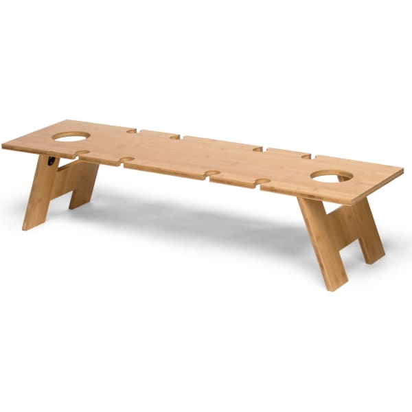 A long, rectangular bamboo table with cutouts for drinks, supported by angled legs. It features a natural wood finish.