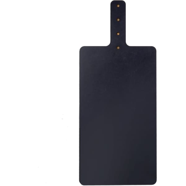 A black Napoli serving board with a handle and three decorative holes near the top. It has a smooth surface and rounded edges.