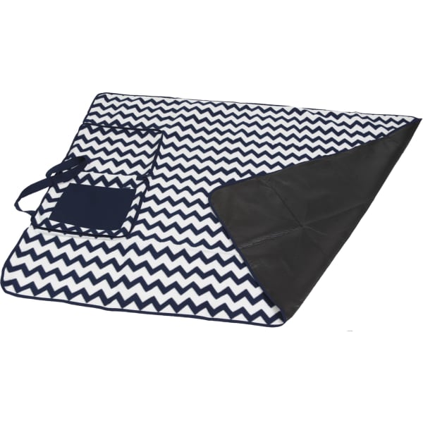 A navy and white zigzag patterned outdoor blanket with a pocket and a dark underside. Includes a carry handle.
