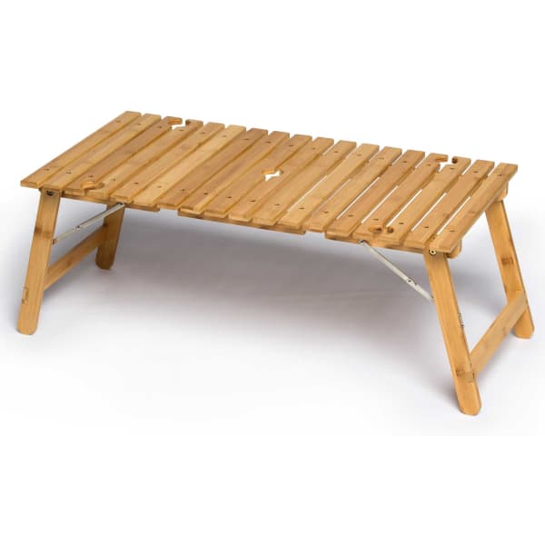 A bamboo table with a slatted surface and foldable legs, featuring a natural finish.