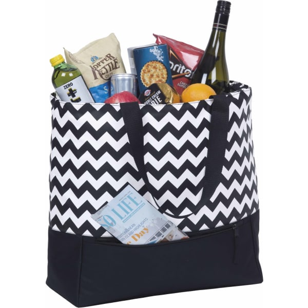 A chevron-patterned cooler tote in black and white, filled with snacks, drinks, and a bottle of wine.