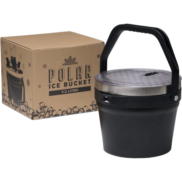 A black ice bucket with a handle, accompanied by a box featuring branding. The bucket has a lid and holds 7.2 litres.
