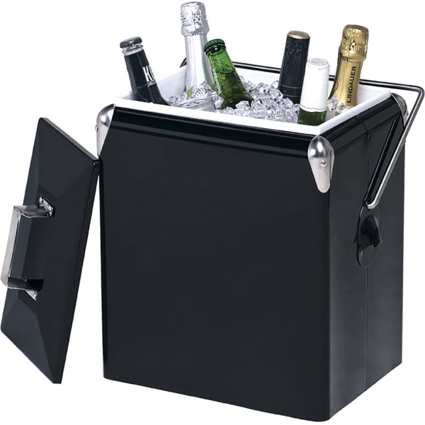 A drink bottle cooler in black with an open lid, filled with ice and various bottles. It has a silver handle.