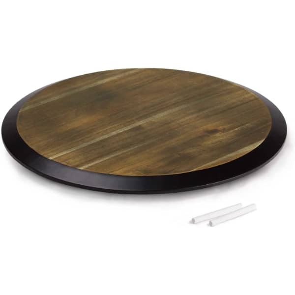 A round lazy Susan with a rustic wooden surface and a black edge, accompanied by two white support sticks.