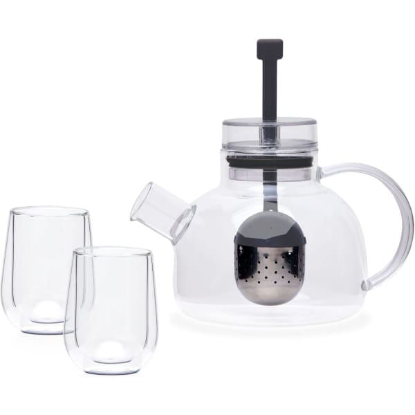 A clear glass teapot with a stainless steel infuser and two matching glass cups.