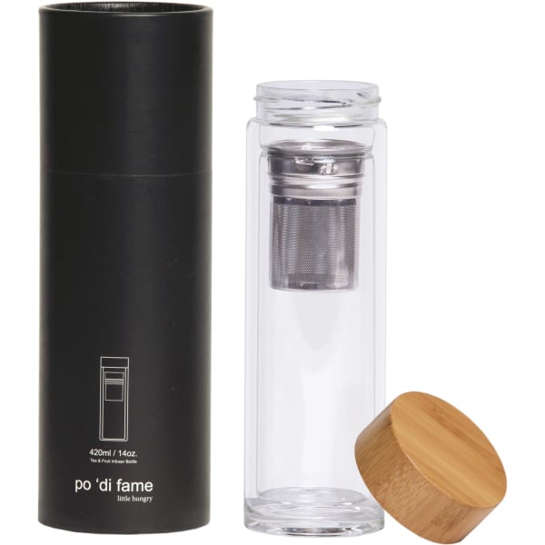 A drink bottle made of glass with a stainless steel infuser, housed in a black cylindrical box with a bamboo lid.