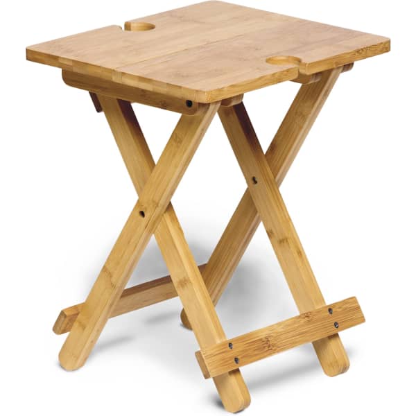 A square bamboo table with a foldable design, featuring drink holders and natural wood finish.