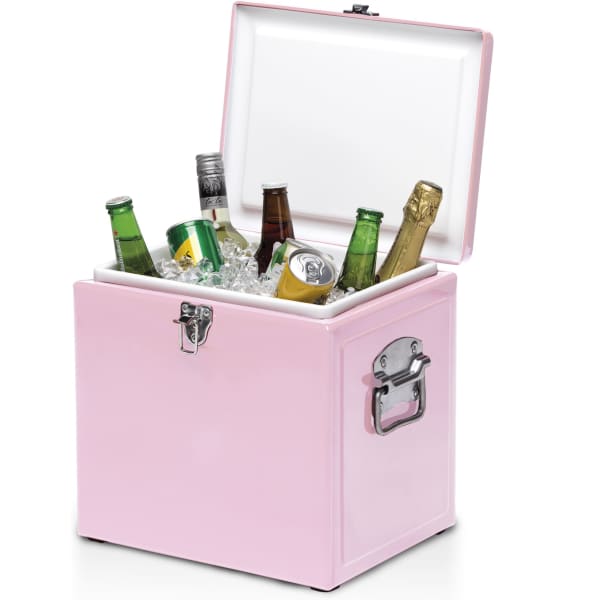 A drink bottle cooler in pink, filled with various bottles and ice, equipped with a metal clasp and handle.
