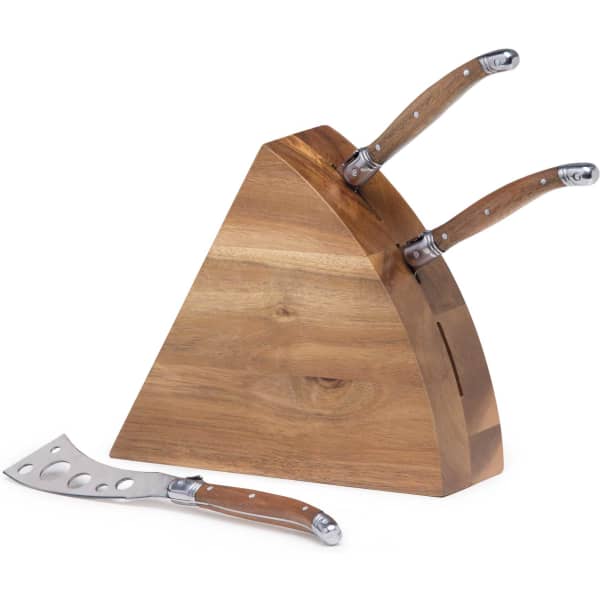 A triangular wooden knife block set in brown with two stainless steel cheese knives featuring wooden handles.