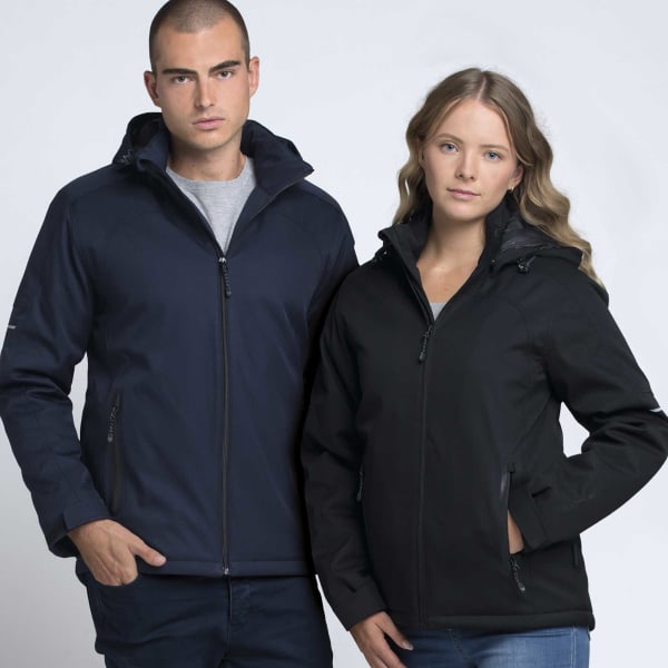 A navy blue and black soft shell jacket on two models, featuring hoods and zippers. The jackets have logos.