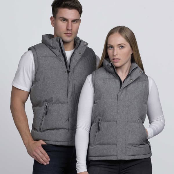 A grey puffa vest featuring a high collar and zippered pockets, displayed on two models.