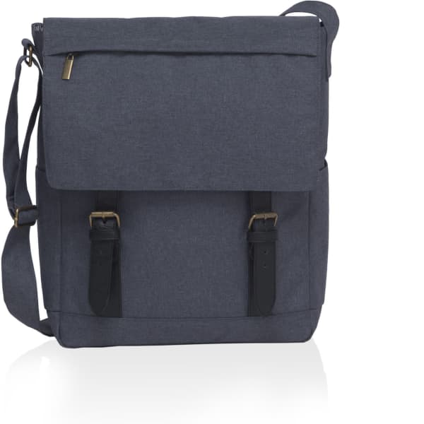 A grey messenger bag with a flap, featuring adjustable straps and a branding logo. Perfect for laptop storage.