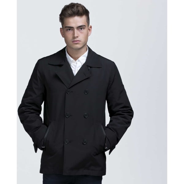 A black trench coat with a double-breasted design, featuring side pockets and a logo.