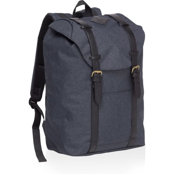 A dark grey Front-Side Backpack with black straps and a logo, featuring a flap closure and front pocket.