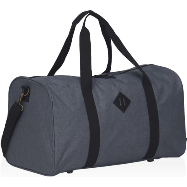 A grey duffle bag with black straps and a branded logo. It has a rounded shape and a sturdy construction.