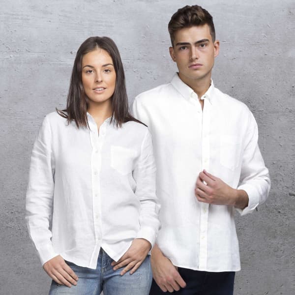 A white linen button-up shirt on male and female models, both featuring a chest pocket.