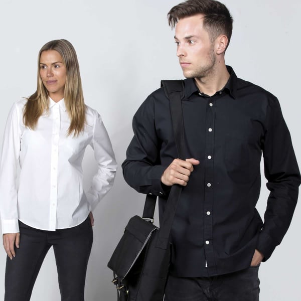 A black button-up shirt worn by a man and a white button-up shirt worn by a woman. Both shirts have a logo.