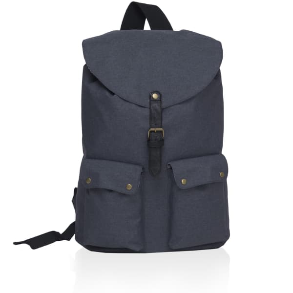 A dark grey backpack with a flap top, two front pockets, and a black buckle closure. It has a logo on it.