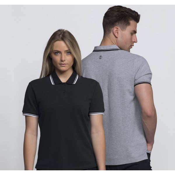 A black polo shirt with white stripes and a grey polo shirt with contrasting detailing, both featuring logos.
