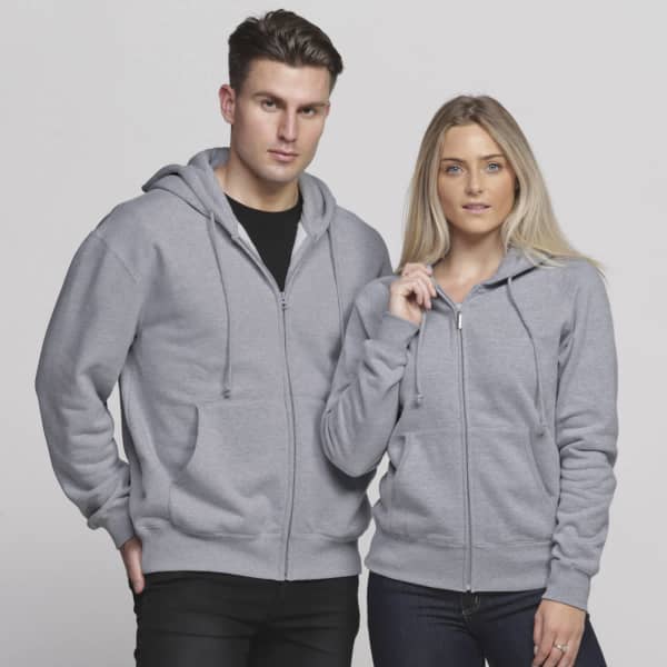 A grey vintage hoodie for men and women, featuring a zip-up front and two pockets. The garment has a logo.
