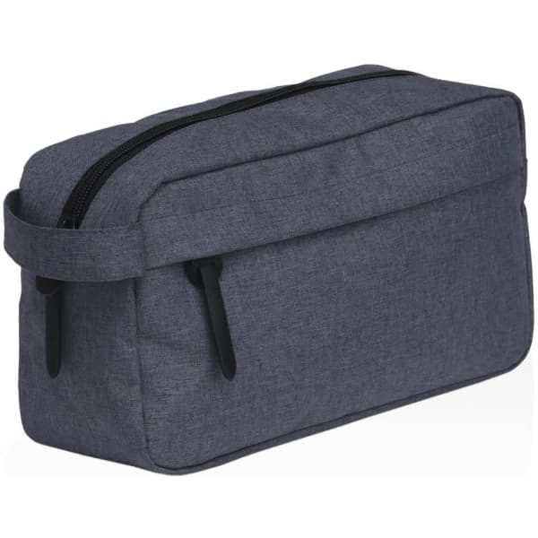 A grey toiletry bag with a zippered closure and a side handle, featuring branding on the front.