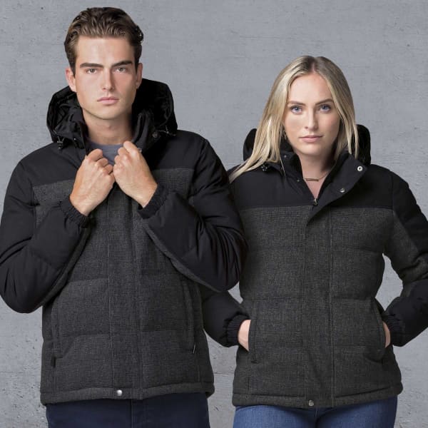Two models wearing the smpli XT Plunge Jacket, featuring a black exterior with grey accents and hoods.