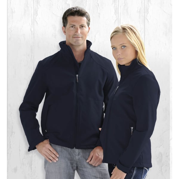 Two models wear navy soft shell jackets, featuring a zip-up design and a logo on each jacket.