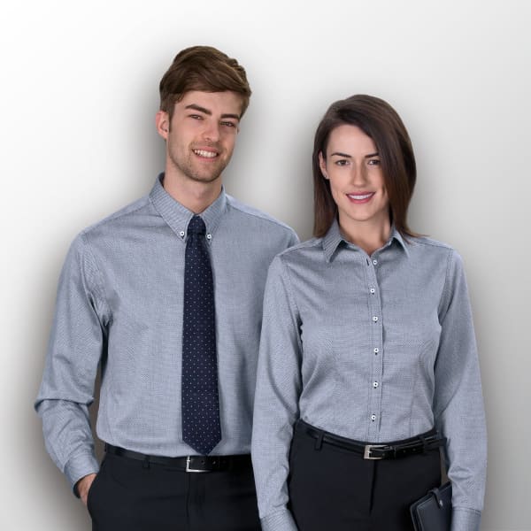 A grey button-up shirt for men, featuring a collar and a logo, modelled by a man and a woman.