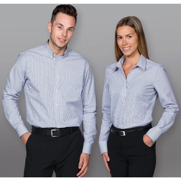 A men's button-up shirt in blue and white check pattern, featured on a male and a female model.