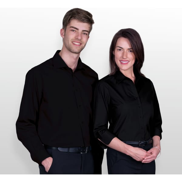 A black button-up shirt for men, featuring a classic collar and sleek design, with models wearing it.