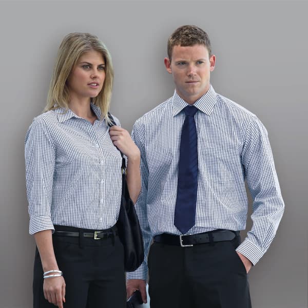A button-up shirt for men in a blue and white check pattern, featuring a logo.