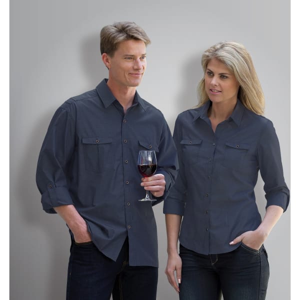 A button-up shirt for men in navy blue, featuring two chest pockets and a logo.