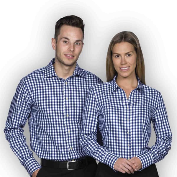 A blue and white check button-up shirt for men, featuring a classic collar and long sleeves.