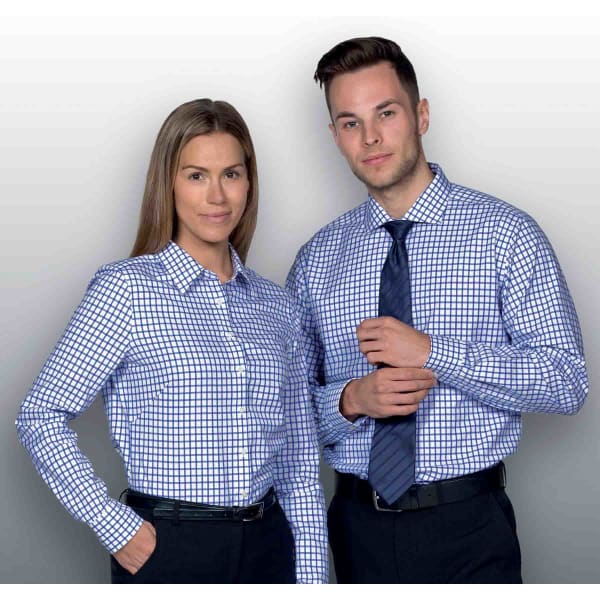 A blue and white checkered button-up shirt displayed on a male and female model, featuring a logo.