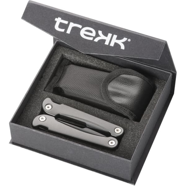 A silver multi-tool in a black box with a foam insert and a belt pouch. The packaging includes a logo.