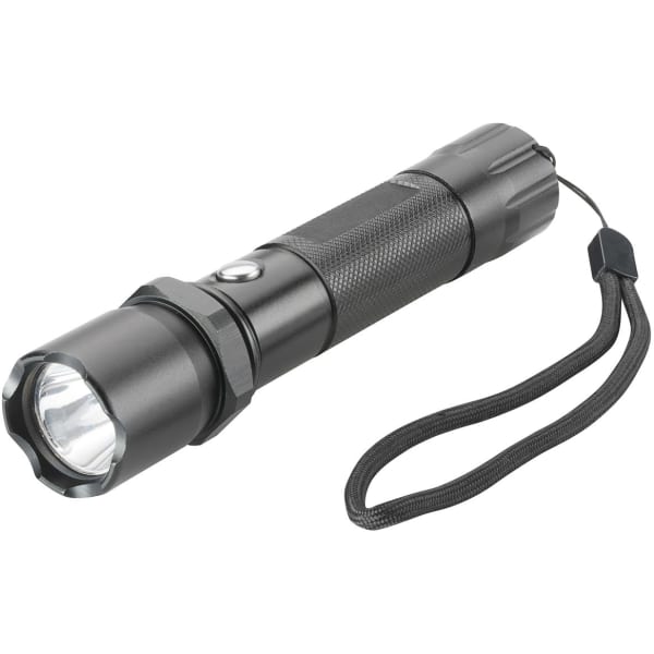 A black torch with a textured grip and a lanyard for easy carrying, featuring a button for operation.
