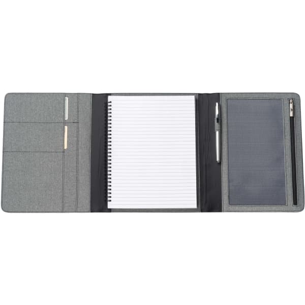 A grey tri-fold business compendium featuring a notepad, pen, and pockets for cards and documents.