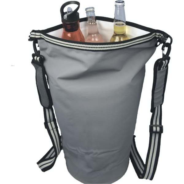 A grey waterproof cooler backpack filled with two drink bottles and one can, featuring a strap for carrying.
